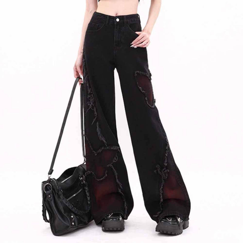 Vintage Black Butterfly High Rise Wide Leg Denim Pants 03 | Gthic.com