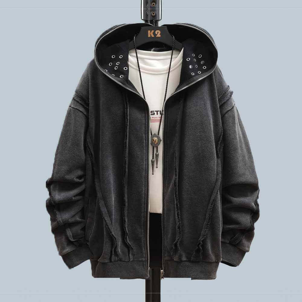 Vintage Black Polyester Washed Zip-Up Jacket