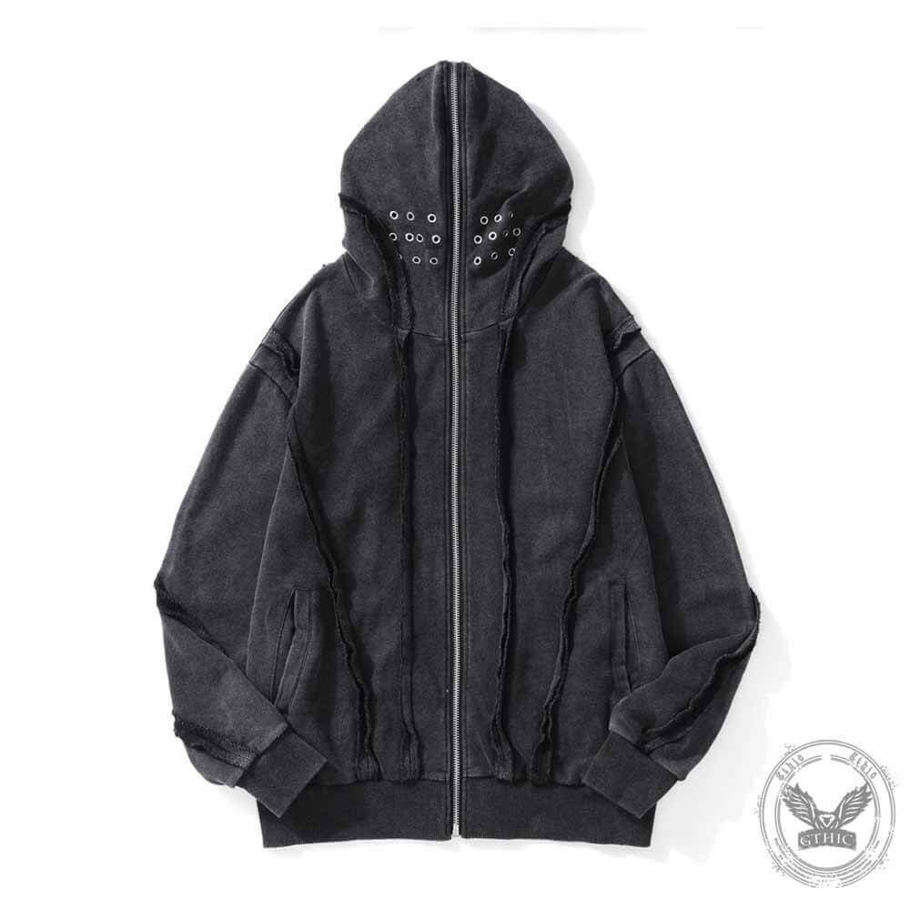 Vintage Black Polyester Washed Zip-Up Jacket