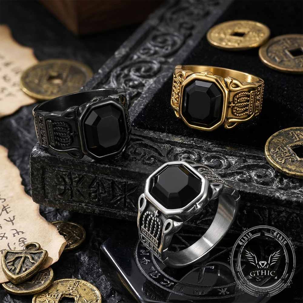 Vintage Black Gem Crown Pattern Stainless Steel Ring | Gthic.com