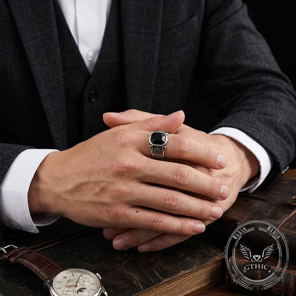 Vintage Black Gem Crown Pattern Stainless Steel Ring | Gthic.com