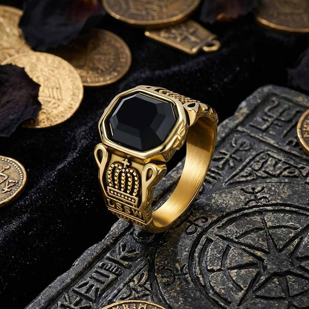Vintage Black Gem Crown Pattern Stainless Steel Ring