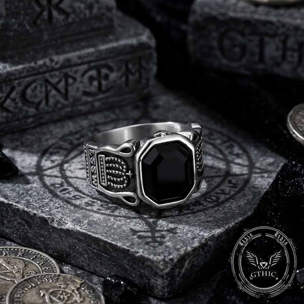 Vintage Black Gem Crown Pattern Stainless Steel Ring