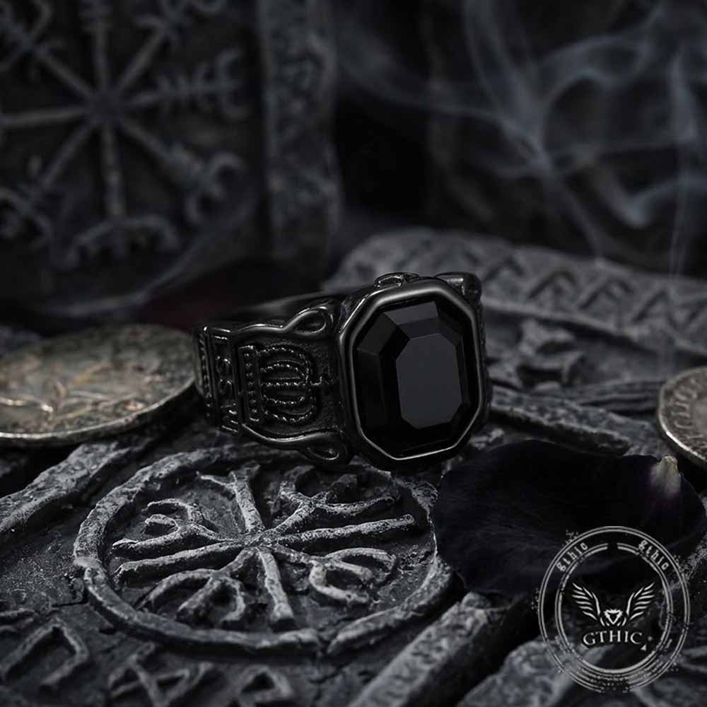Vintage Black Gem Crown Pattern Stainless Steel Ring