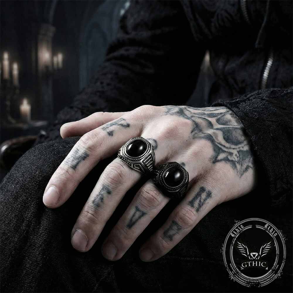 Vintage Black Gemstone Stainless Steel Versatile Ring | Gthic.com
