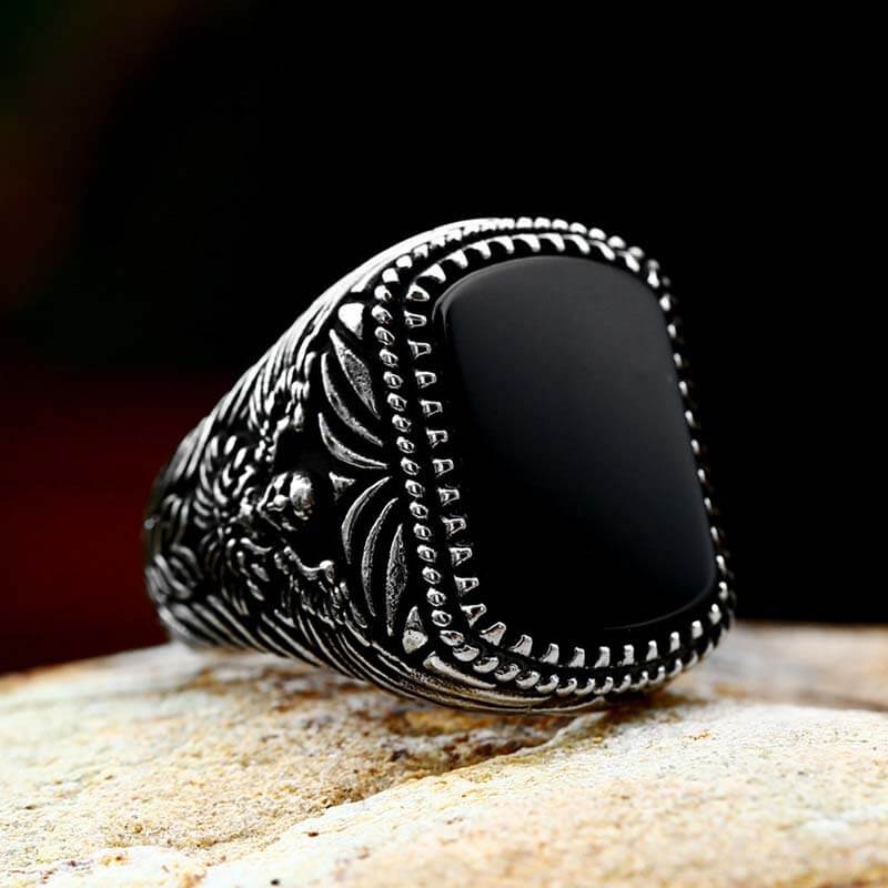 Vintage Black Onyx Eagle Stainless Steel Ring 01 | Gthic.com