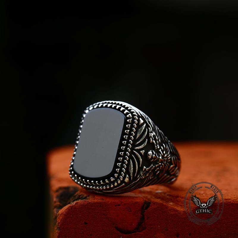 Vintage Black Onyx Eagle Stainless Steel Ring