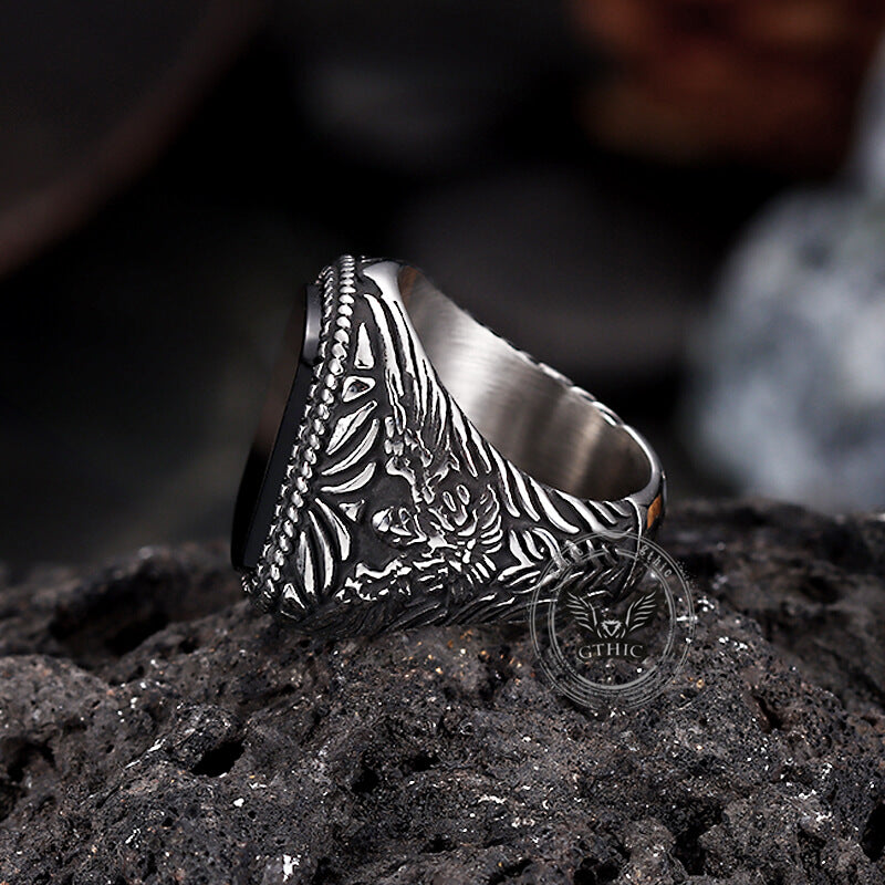 Vintage Black Onyx Eagle Stainless Steel Ring