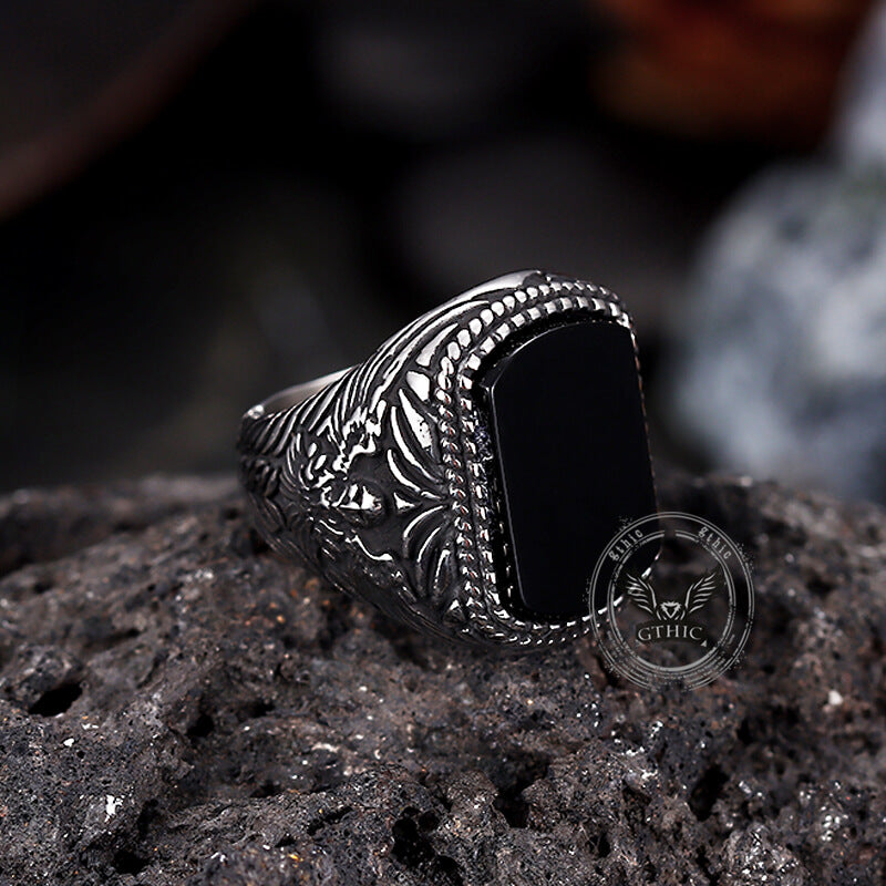 Vintage Black Onyx Eagle Stainless Steel Ring