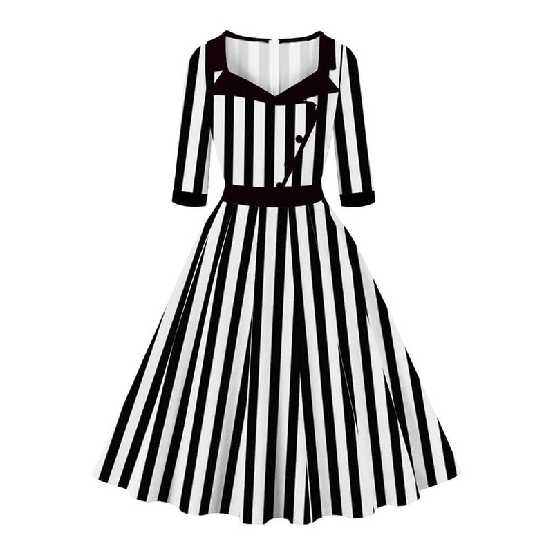 Vintage Black White Striped Short Sleeve Dress 01 | Gthic.com