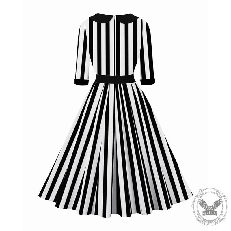 Vintage Black White Striped Short Sleeve Dress 02 | Gthic.com