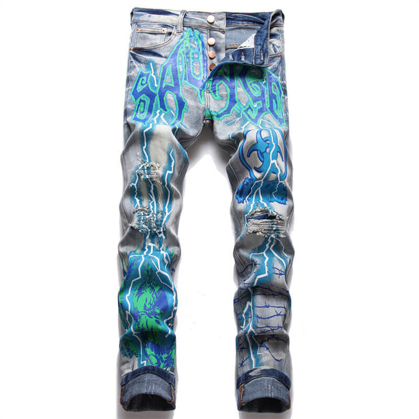 Vintage Blue Lightning Print Ripped Cotton Pants – GTHIC