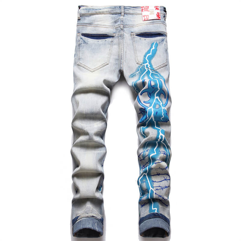 Vintage Blue Lightning Print Ripped Cotton Pants | Gthic.com