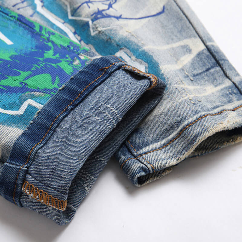 Vintage Blue Lightning Print Ripped Cotton Pants | Gthic.com