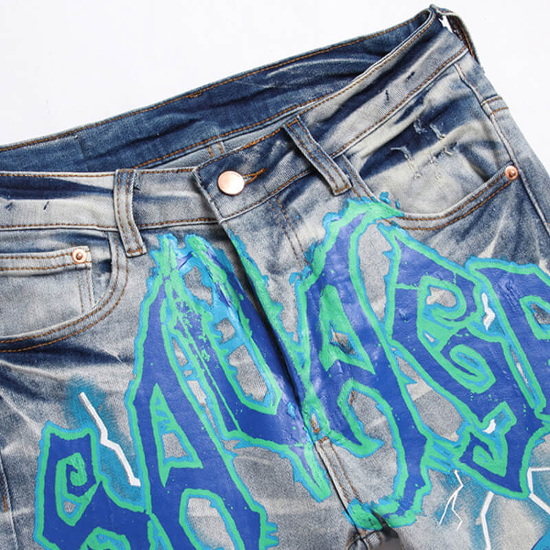 Vintage Blue Lightning Print Ripped Cotton Pants | Gthic.com