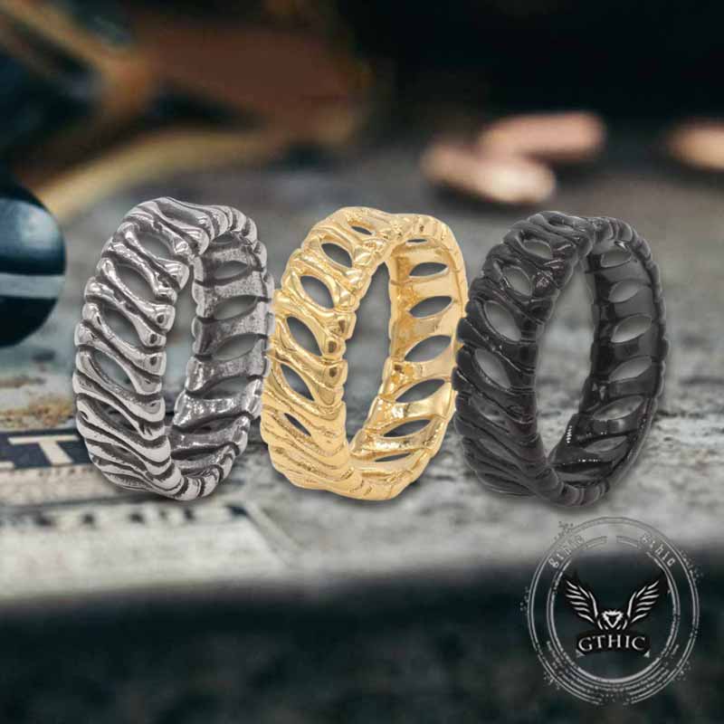 Vintage Bones Splicing Hollow Stainless Steel Ring 01 | Gthic.com