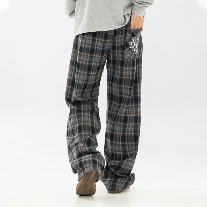 Vintage Brushed Check Loose Straight Pants 02 | Gthic.com