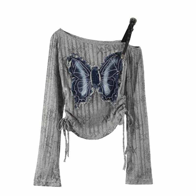 Vintage Butterfly Print One Shoulder Strap Top | Gthic.com