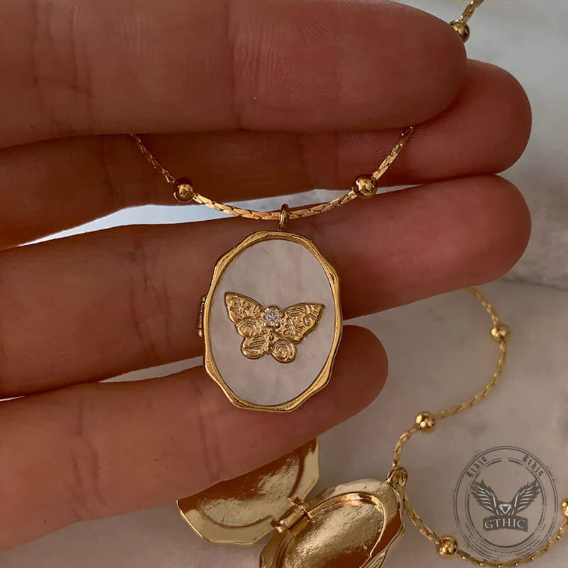 Vintage Butterfly Shell Openable Locket Copper Necklace | Gthic.com