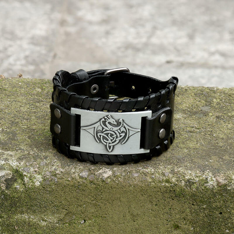 Vintage Celtic Dragon Alloy Leather Viking Bracelet | Gthic.com