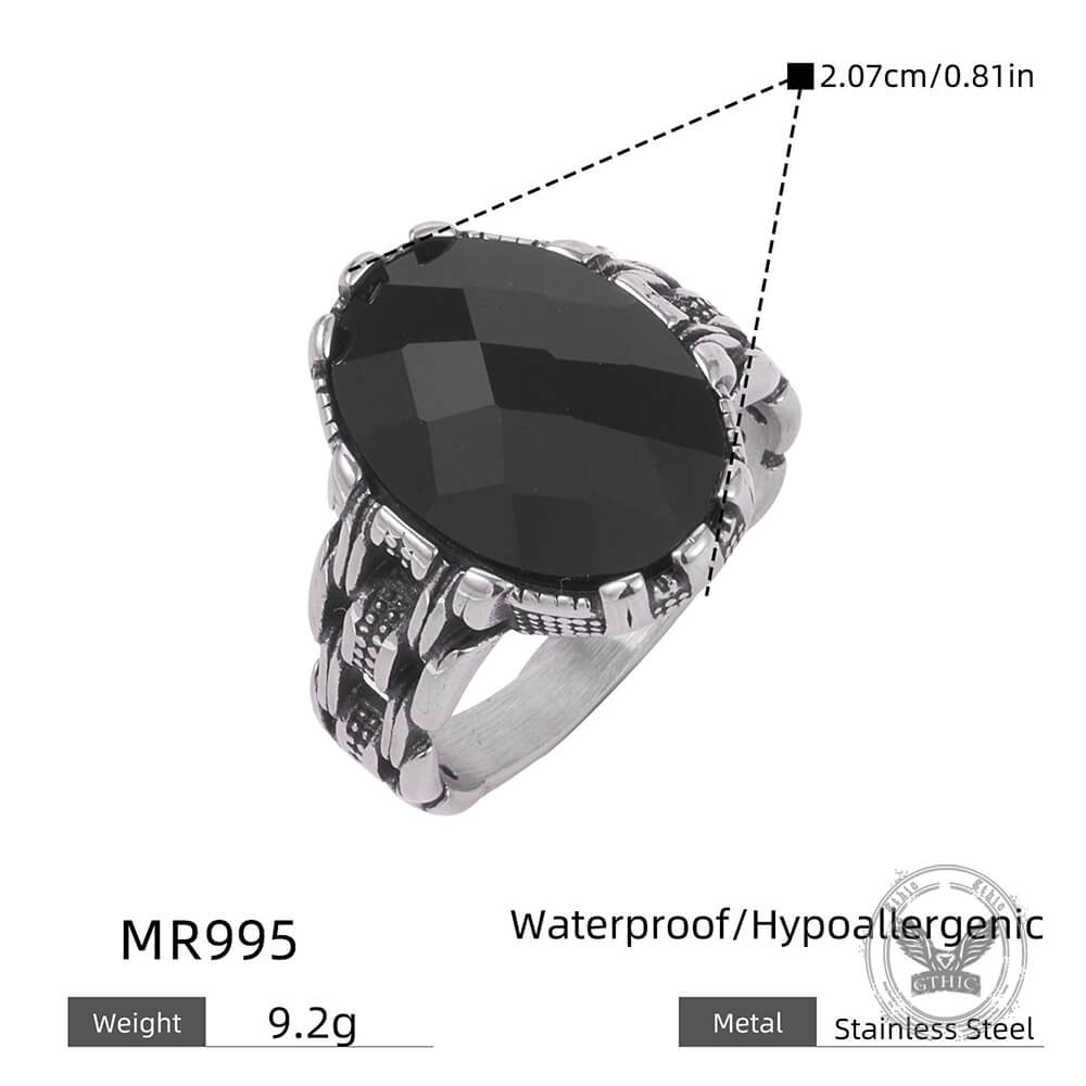 Vintage Chain Black Gemstone Stainless Steel Ring
