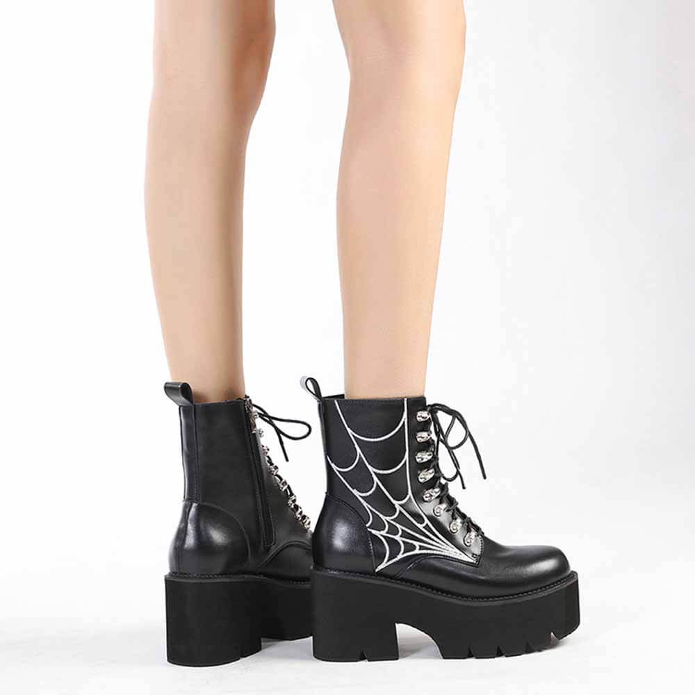 Vintage Chunky Heel Spiderweb Pattern Martin Boots