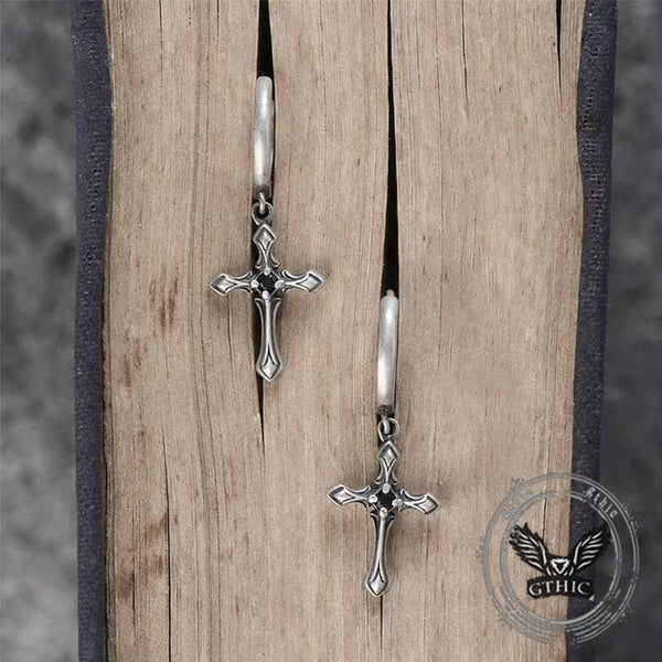 Vintage Claw-Set Gemstone Cross Sterling Silver Earrings | Gthic.com