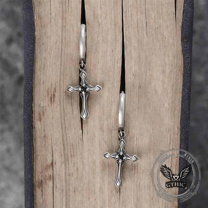Vintage Claw-Set Gemstone Cross Sterling Silver Earrings | Gthic.com
