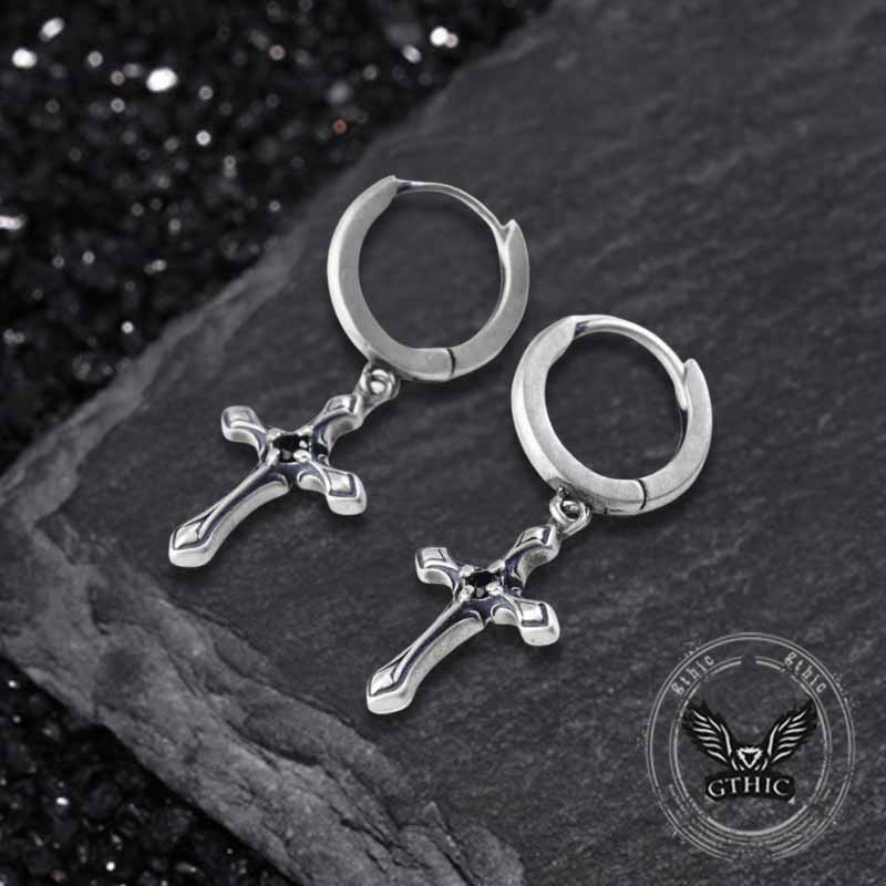 Vintage Claw-Set Gemstone Cross Sterling Silver Earrings