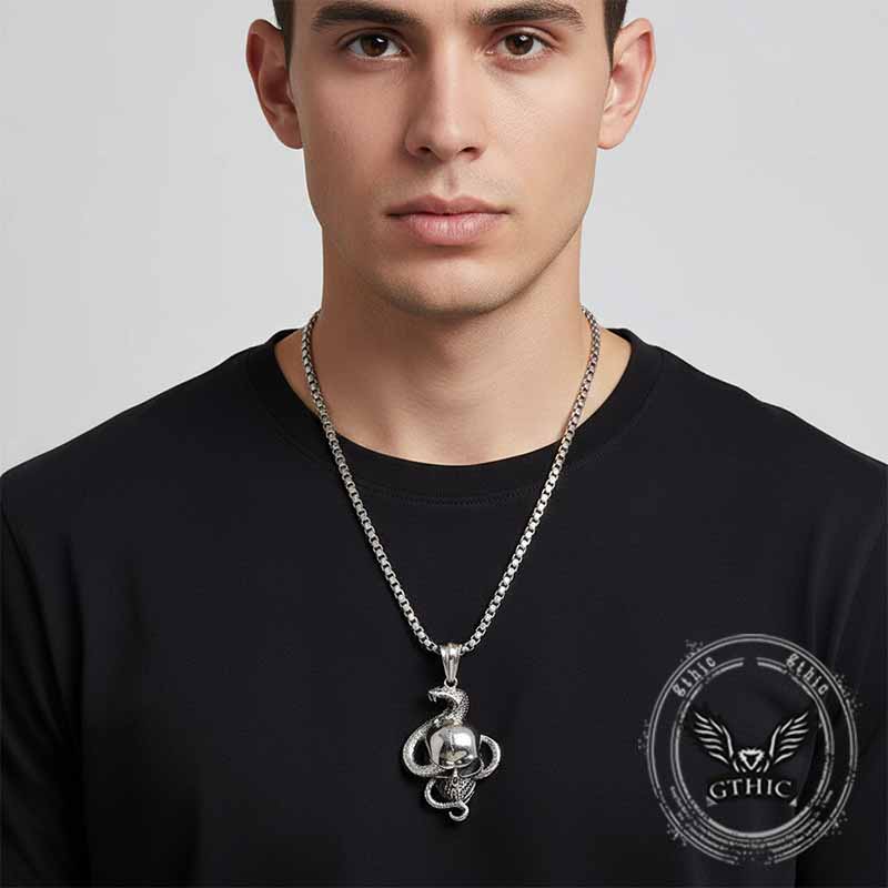 Vintage Coiled Snake Skull Stainless Steel Pendant