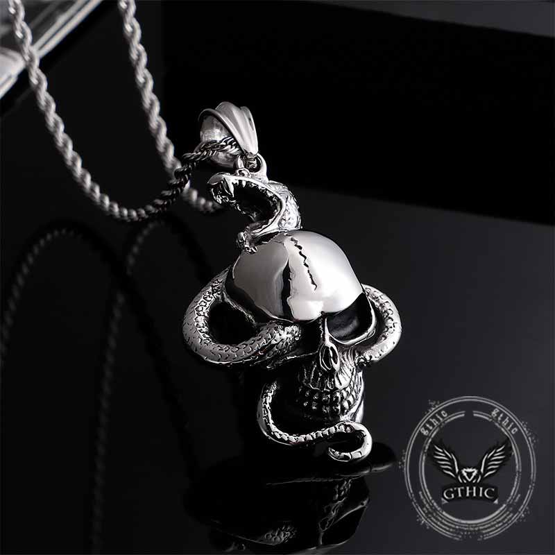 Vintage Coiled Snake Skull Stainless Steel Pendant