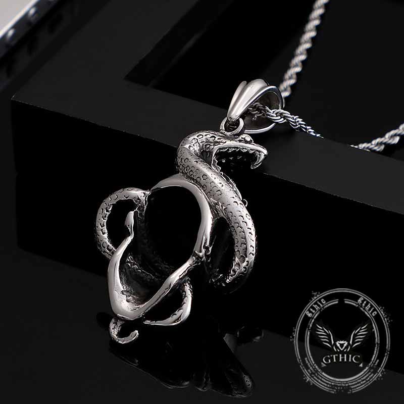 Vintage Coiled Snake Skull Stainless Steel Pendant