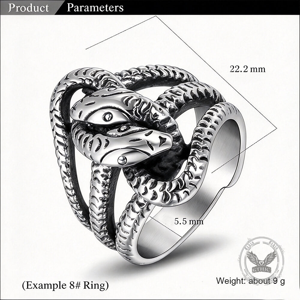 Bague en acier inoxydable avec crâne de serpent enroulé