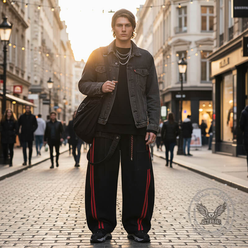 Vintage Color-Block Wide-Leg Overalls Scimitar Jeans | Gthic.com