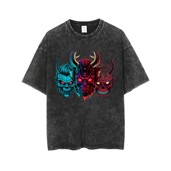 Vintage Colorful Horned Ghost Washed Skull T-shirt | Gthic.com