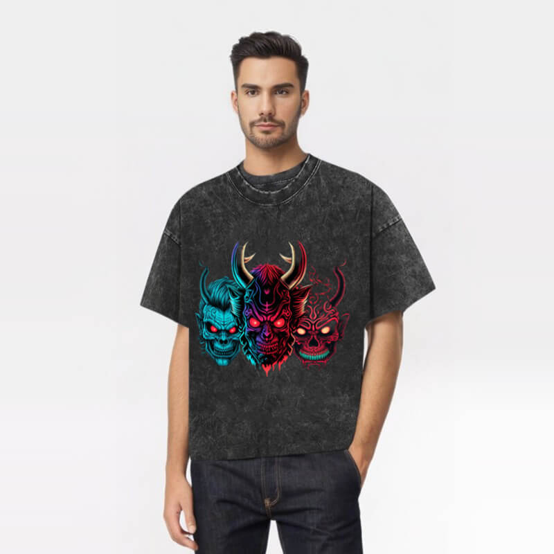 Vintage Colorful Horned Ghost Washed Skull T-shirt