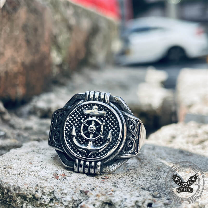 Vintage Compass Anchor Stainless Steel Marine Ring 03 | Gthic.com