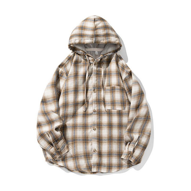 Vintage Contrast Plaid Loose Hooded Shirt Coat | Ghtic.com