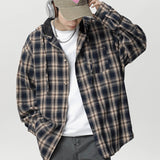 Vintage Contrast Plaid Loose Hooded Shirt Coat | Ghtic.com