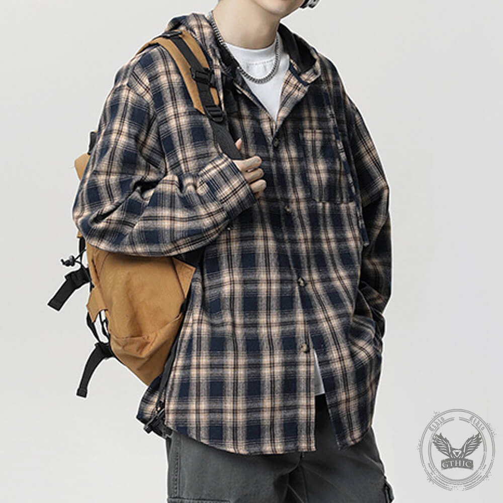 Vintage Contrast Plaid Loose Hooded Shirt Coat | Ghtic.com