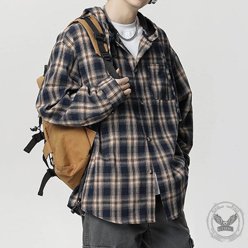 Vintage Contrast Plaid Loose Hooded Shirt Coat | Ghtic.com