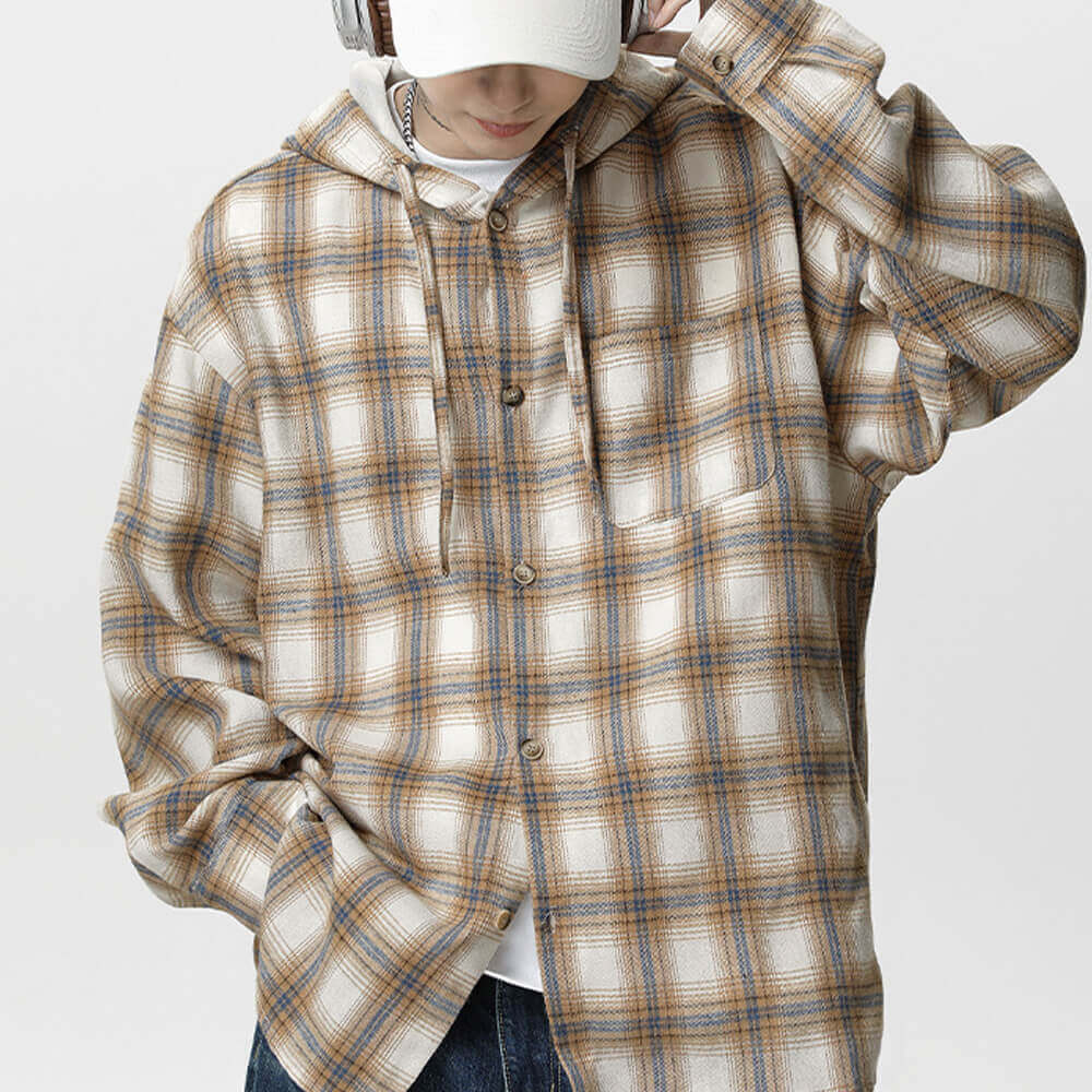 Vintage Contrast Plaid Loose Hooded Shirt Coat | Ghtic.com