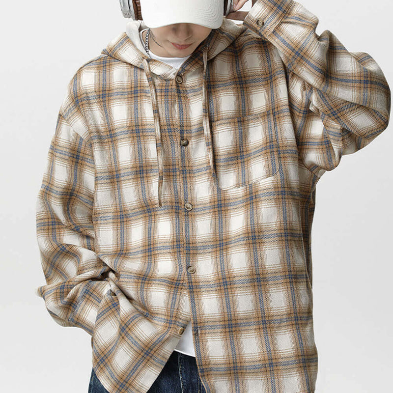 Vintage Contrast Plaid Loose Hooded Shirt Coat | Ghtic.com