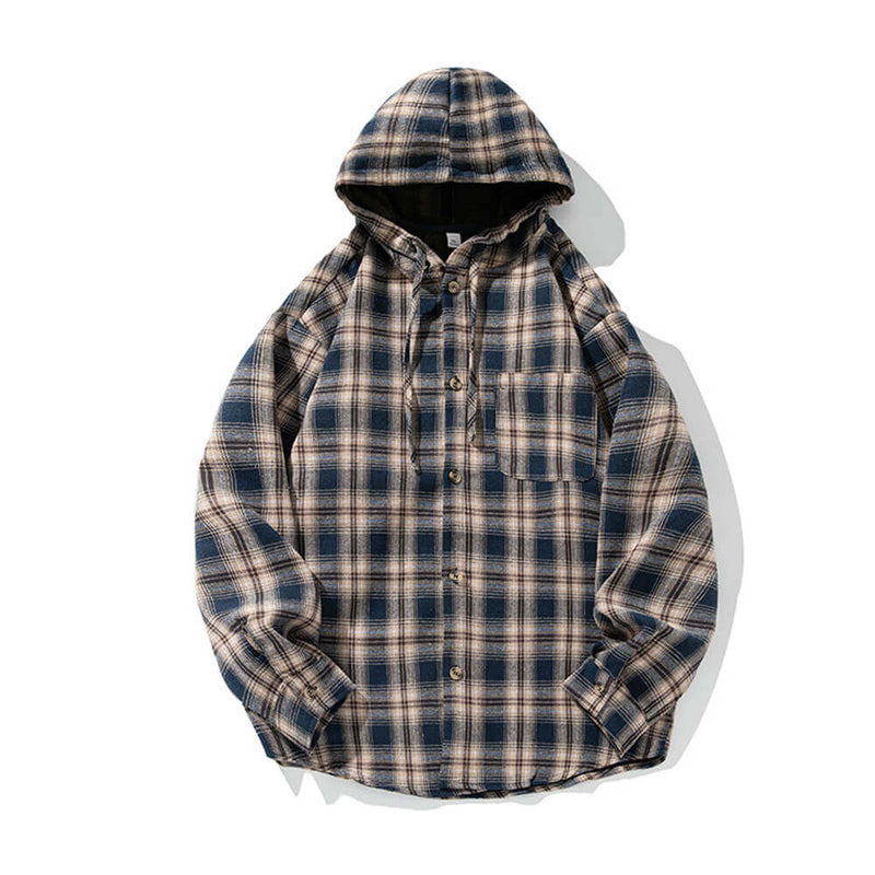 Vintage Contrast Plaid Loose Hooded Shirt Coat | Ghtic.com