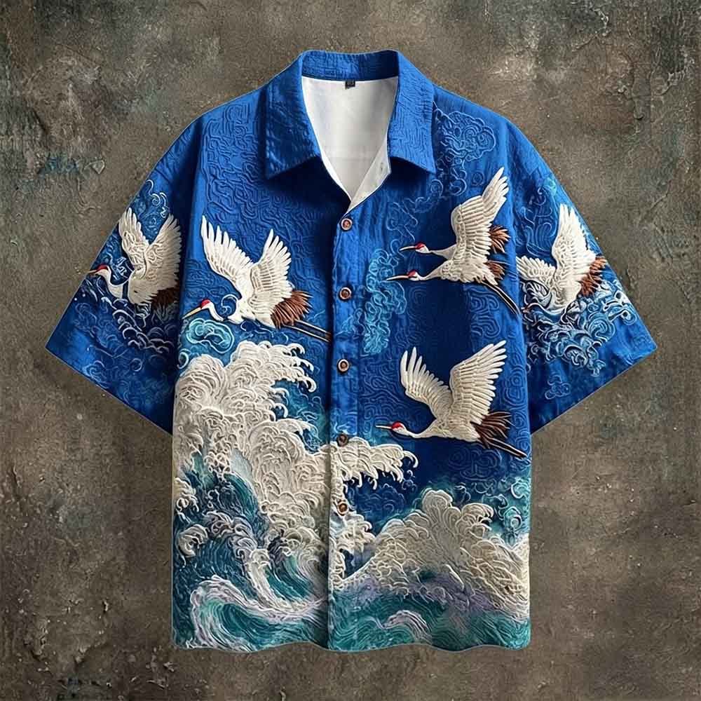 Vintage Crane Linen Short Sleeve Hawaiian Shirt | Gthic.com