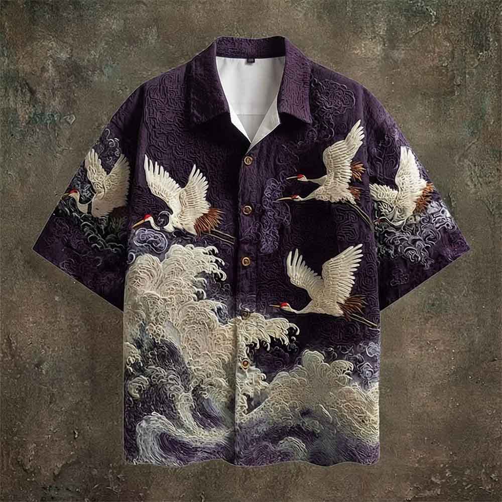Vintage Crane Linen Short Sleeve Hawaiian Shirt
