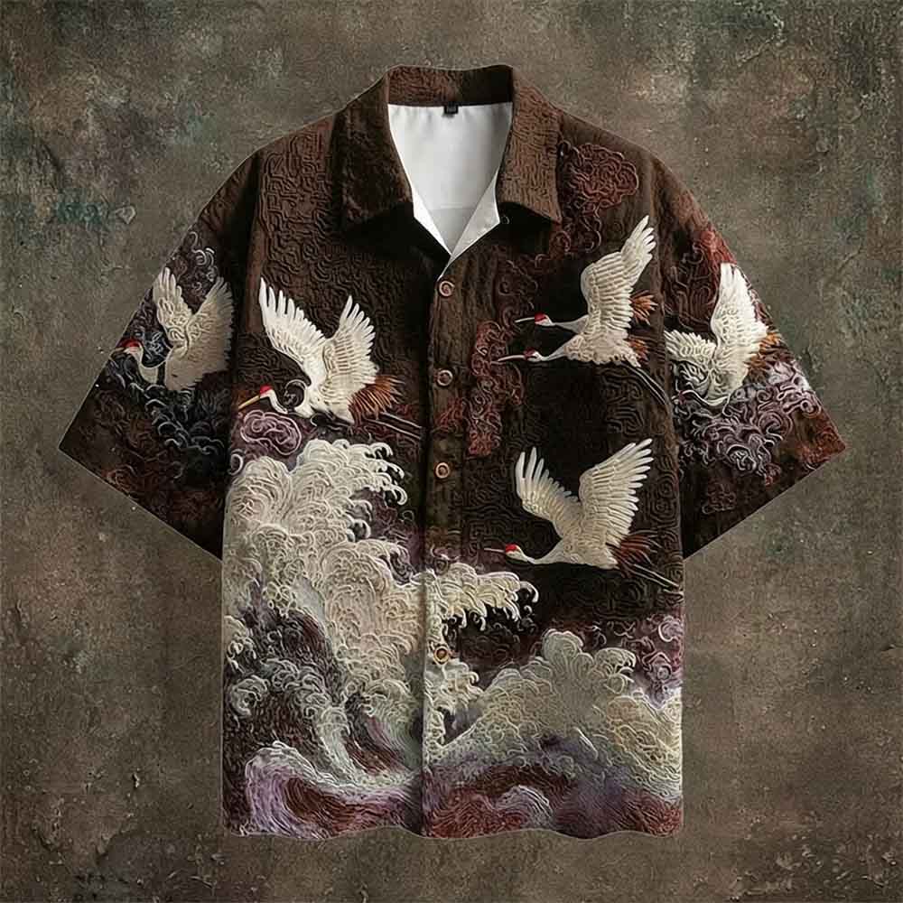 Vintage Crane Linen Short Sleeve Hawaiian Shirt