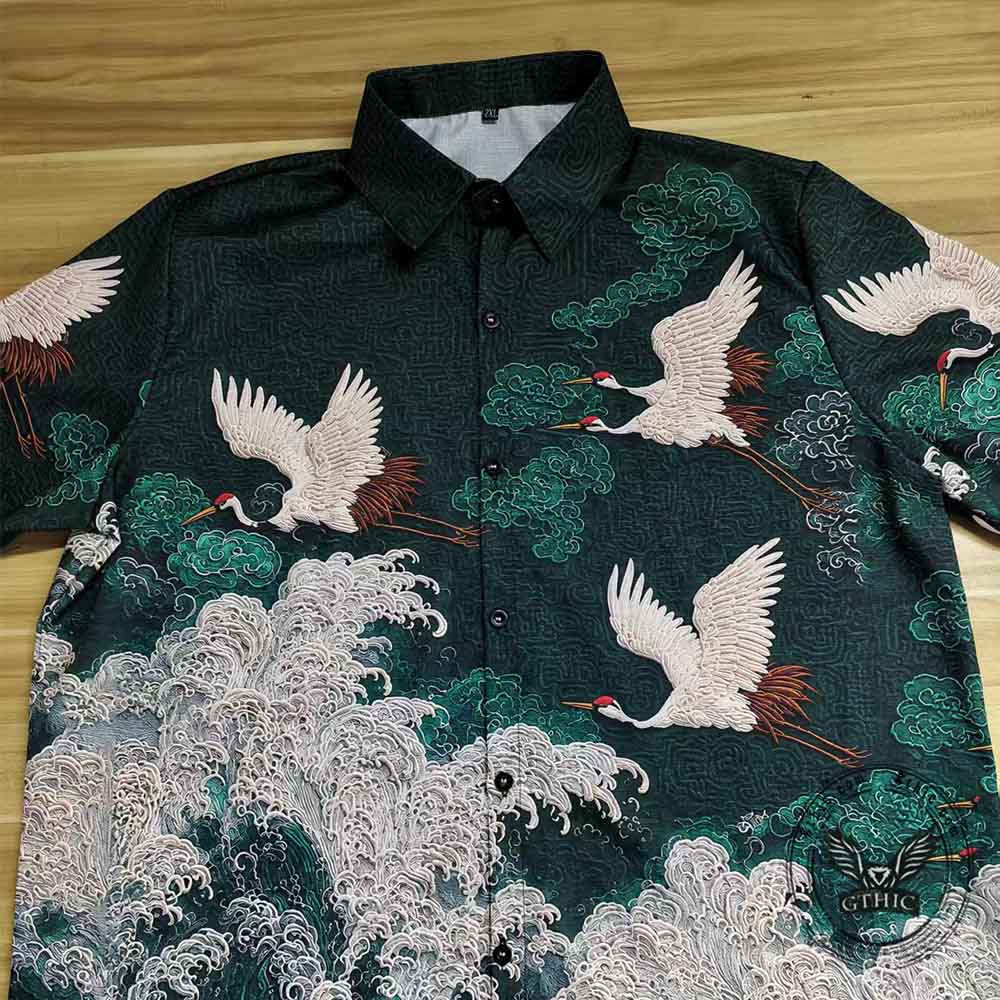 Vintage Crane Linen Short Sleeve Hawaiian Shirt