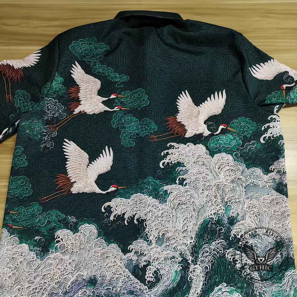 Vintage Crane Linen Short Sleeve Hawaiian Shirt