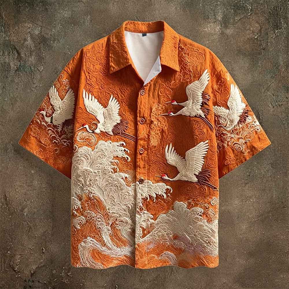Vintage Crane Linen Short Sleeve Hawaiian Shirt | Gthic.com